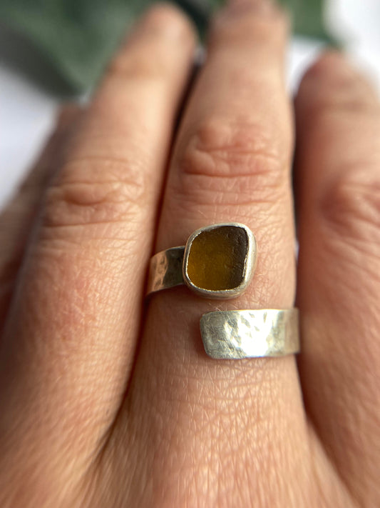 Changing Tides Amber Silver Sea Glass Adjustable Ring