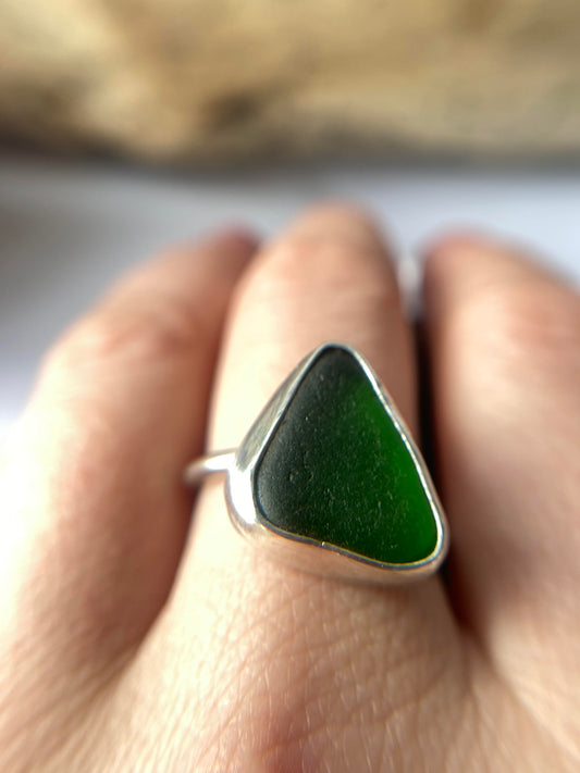 Emerald Ring Irish Sea Glass Silver Ring - Size R