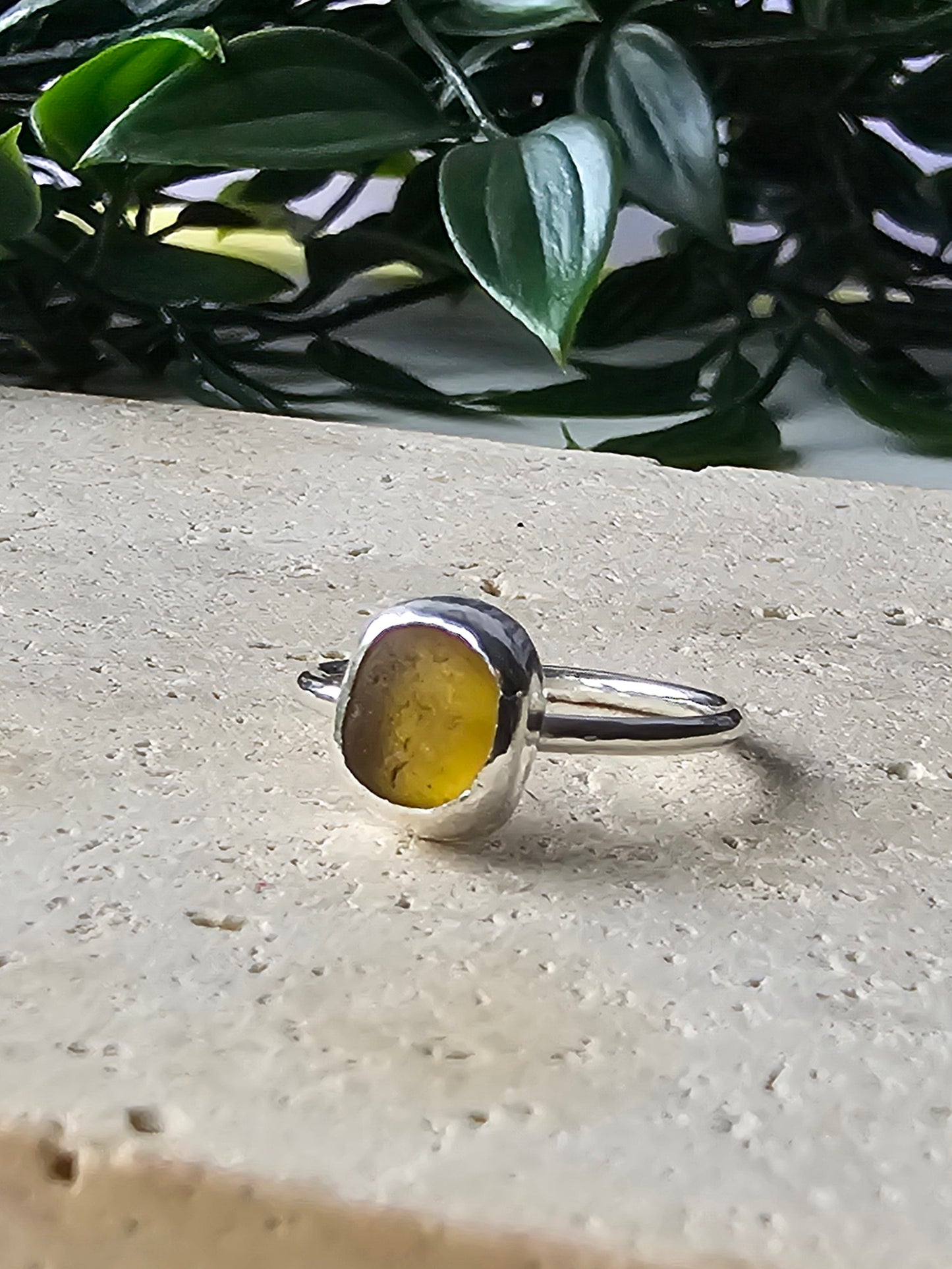 Amber Sea Glass Ring Size K