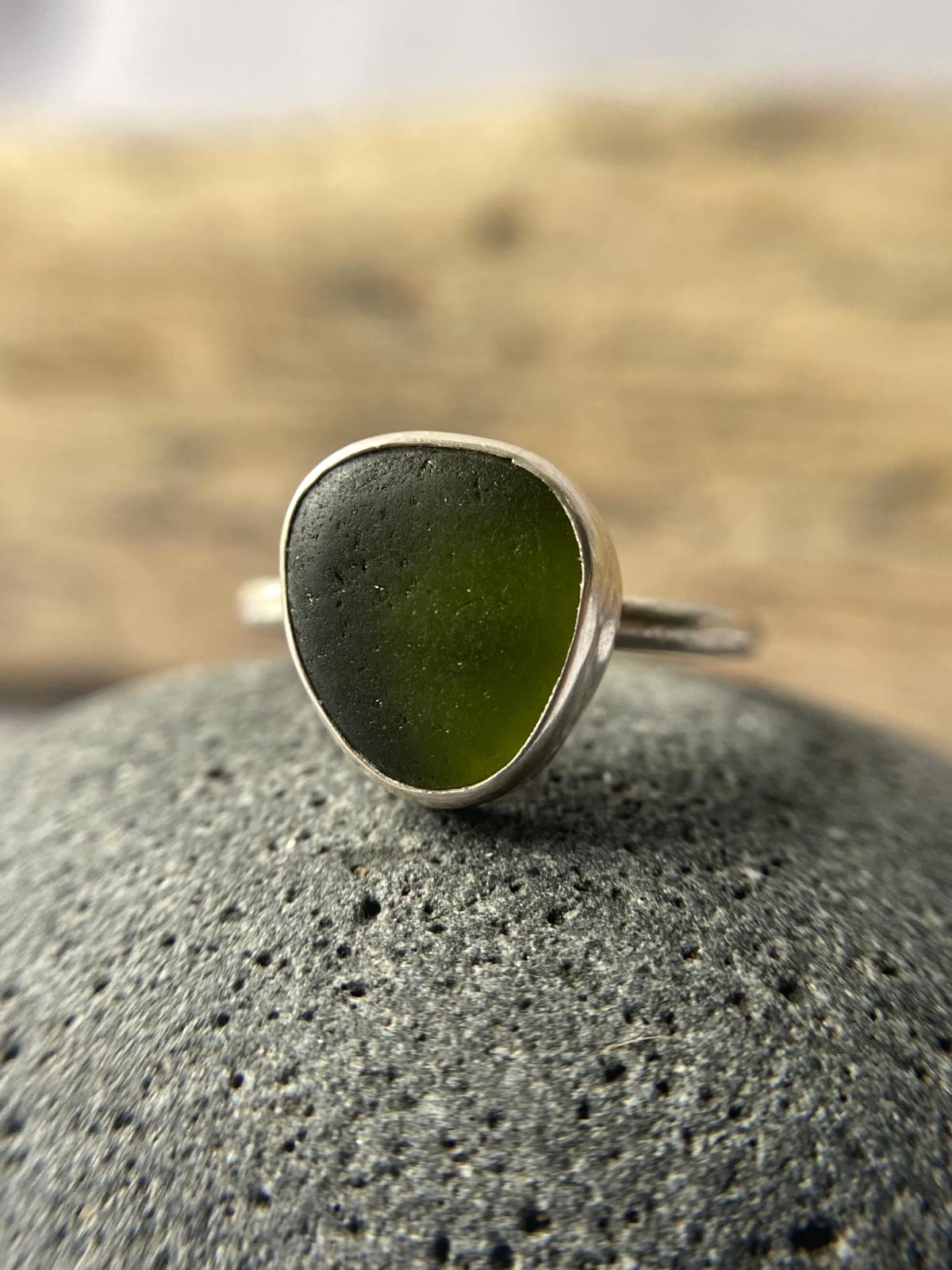 Forest Green Sea Glass Ring - Uk Size P