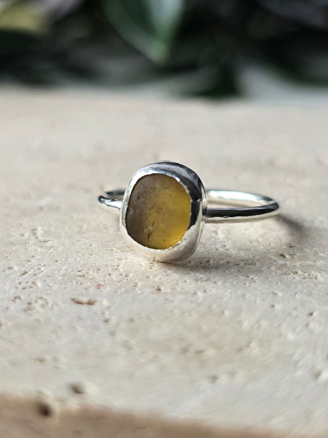 Amber Sea Glass Ring Size K