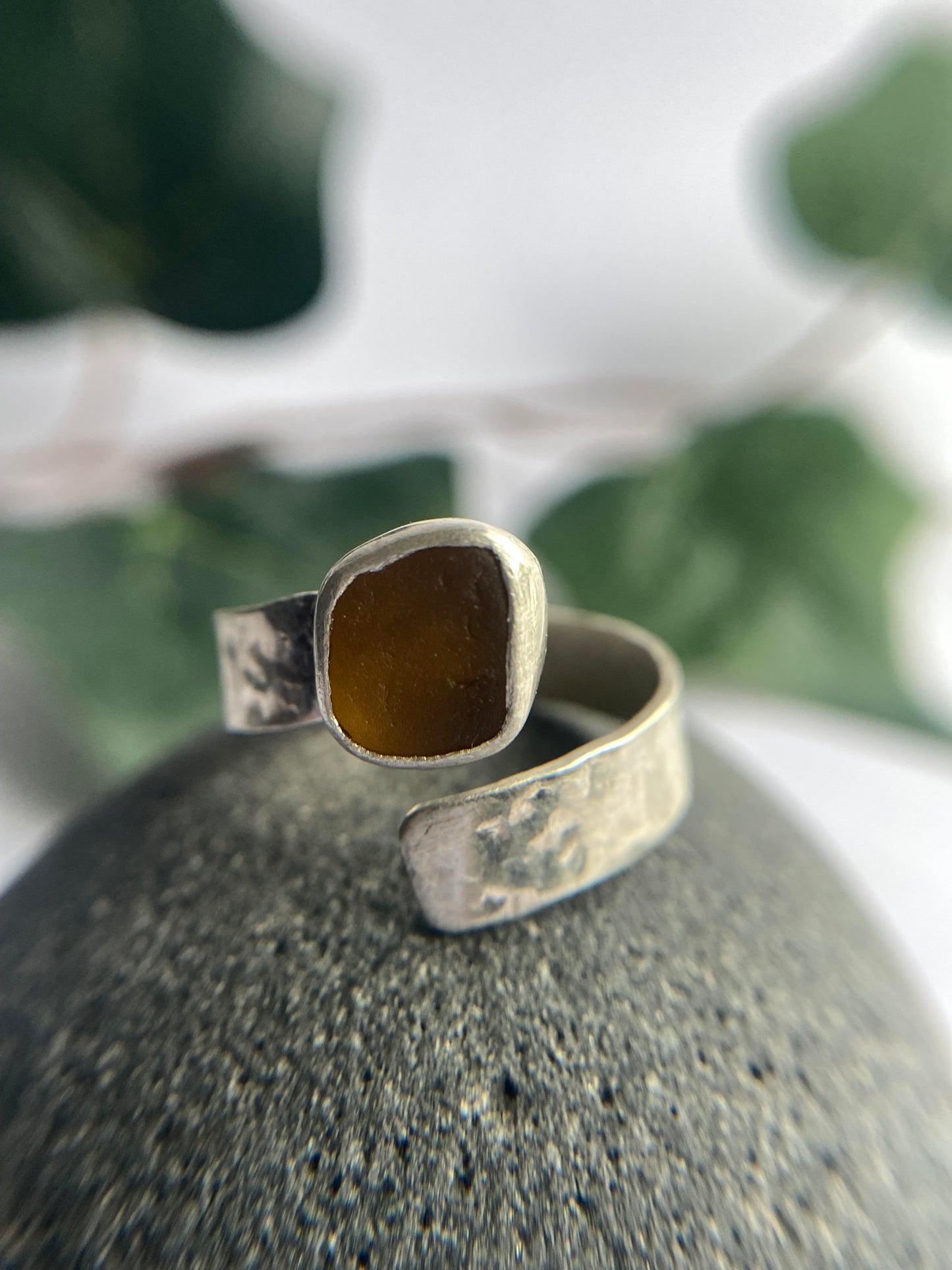 Changing Tides Amber Silver Sea Glass Adjustable Ring