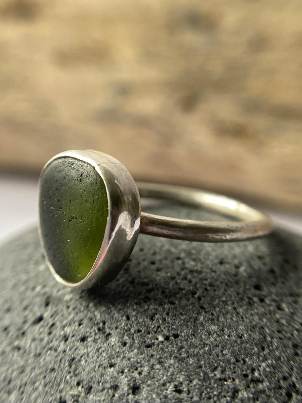 Forest Green Sea Glass Ring - Uk Size P