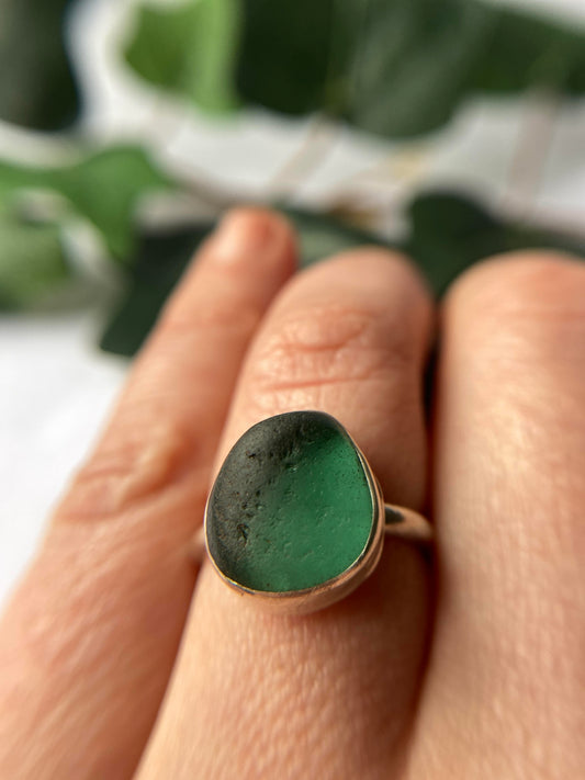 Sterling Silver Teal Sea Glass Ring - UK Size M